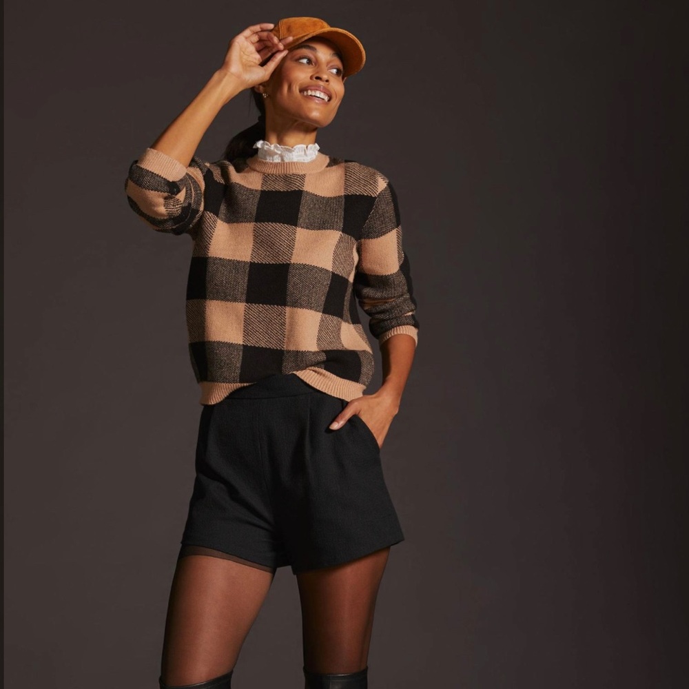 By Anthropologie Plaid Ruffle-Collar Pullover Sweater